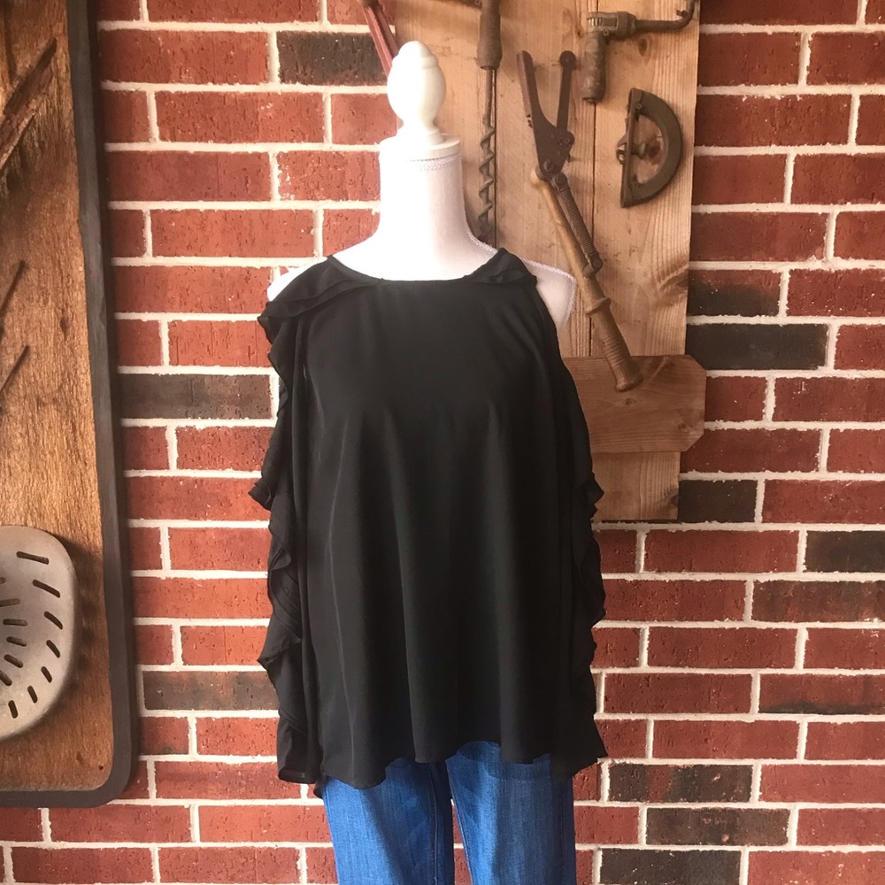 Black Cold Shoulder Top with Ruffle Sleeves